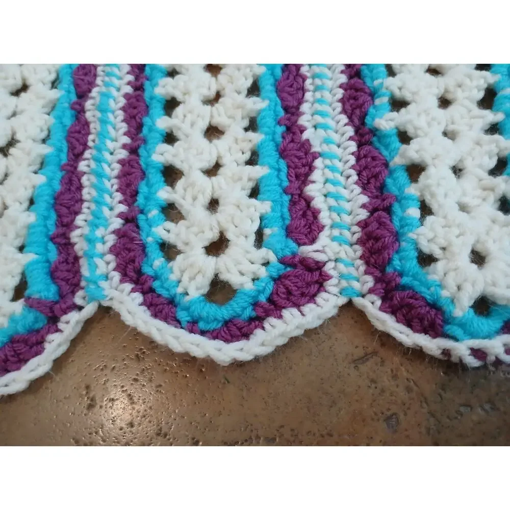 VNT Crochet Blanket Throw Afghan 68.x37 Blue White Stripes Scallop Hippie Granny